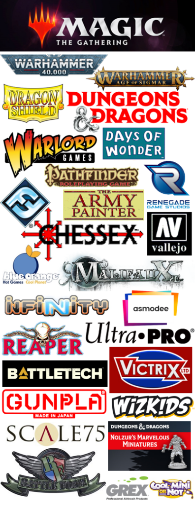 Logos of the products lines carried by Huzzah Hobbies including Magic, Warhammer 40K, D&D, Warmachine, Reaper, Flames of War, Pathfinder, Wizkids, Heroclix, Chessex, Dragon Shield, Victrix, Scale 75, Battlefoam, Fantasy Flight Games, Warlord Games, Malifaux, Days of Wonder, Grex, Vallejo, Cool Mini or Not, Age of Sigmar, Gundam, Pokemon, Renegade, Infinity, Nolzur's, Asmodee, Blue Orange