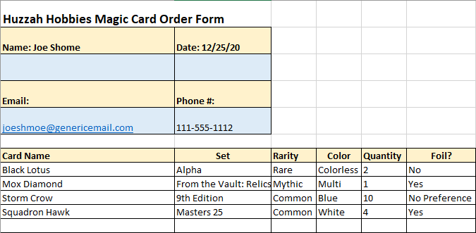 Huzzah Hobbies Sample Magic the Gathering Card Order Form