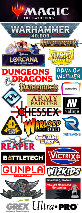 Logos of the products lines carried by Huzzah Hobbies including Magic, Warhammer 40K, D&D, Warmachine, Reaper, Pathfinder, Chessex, Dragon Shield, Victrix, Battlefoam, Fantasy Flight Games, Warlord Games, Days of Wonder, Grex, Vallejo, Cool Mini or Not, Age of Sigmar, Gundam, Pokemon, Renegade, Nolzur's, Asmodee, Blue Orange, The Army Painter, WizKids, Lorcana, Atomic Mass Games